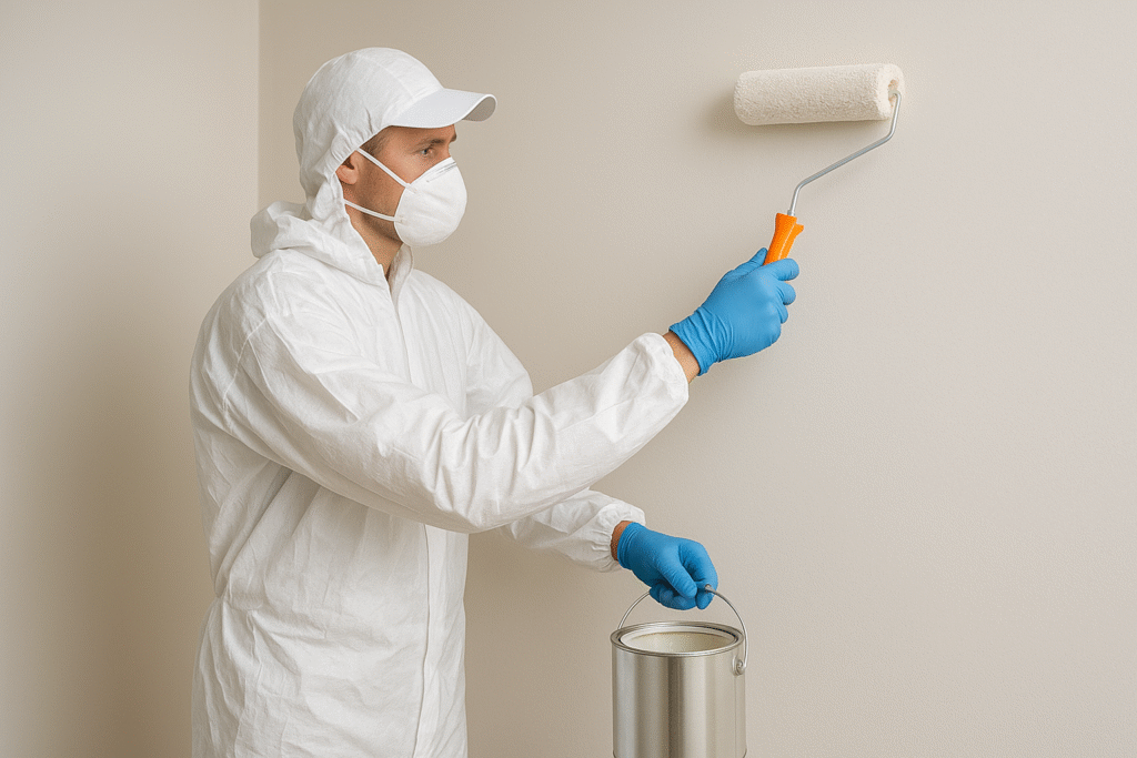 painter applying neutral wall color painter applying neutral wall color